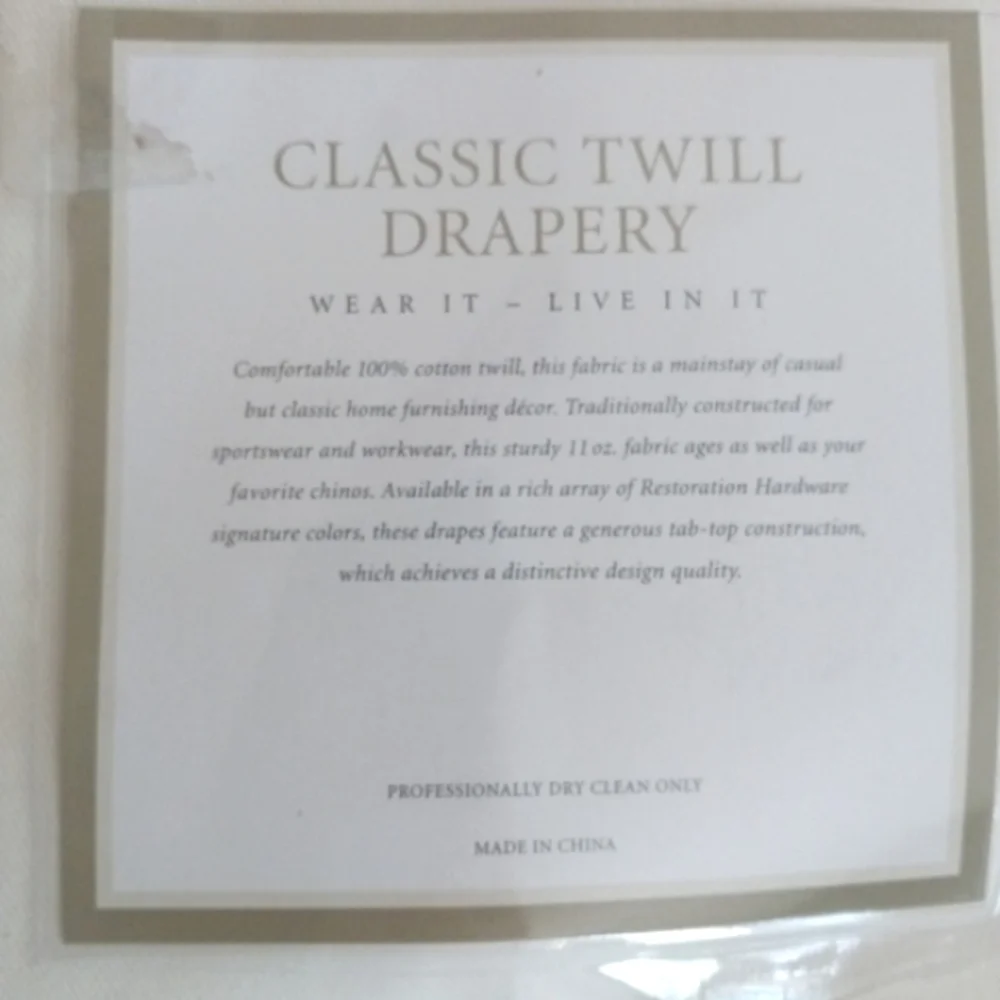 NIP Restoration Hardware Cotton Twill Tab Top Curtain 50 x 84